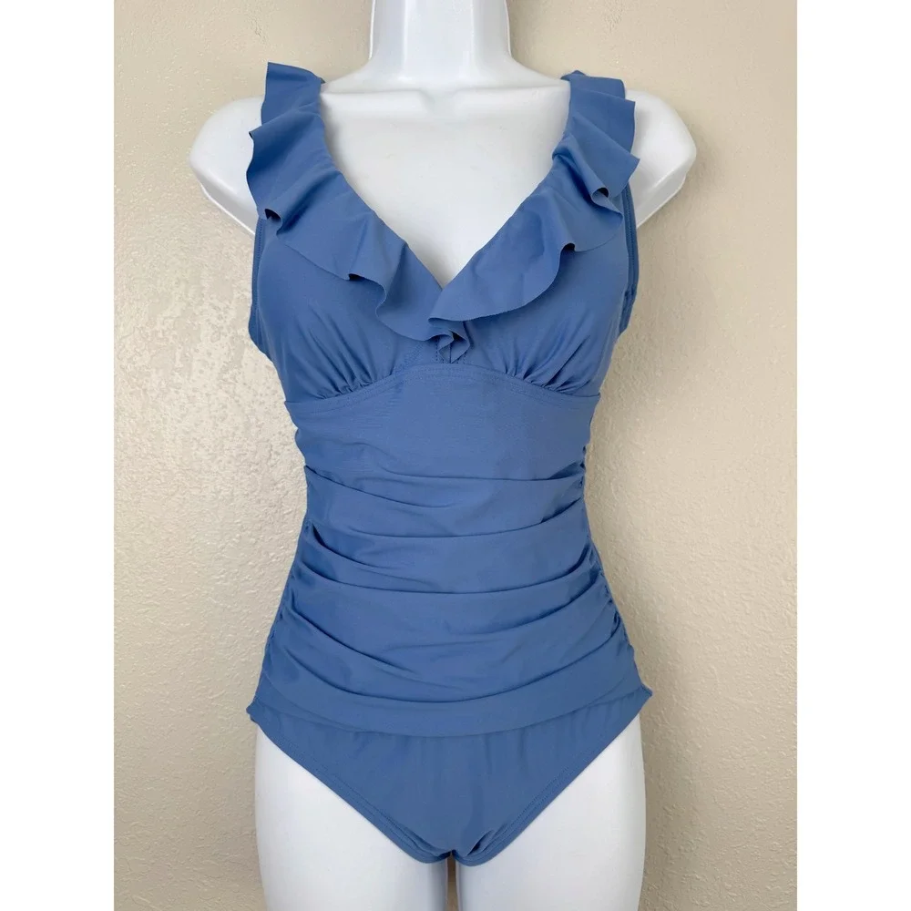 DKNY Blue Ruffle V-Neck Ruched One Piece Swimsuit Slimming Scoop Back S - Picture 2 of 8